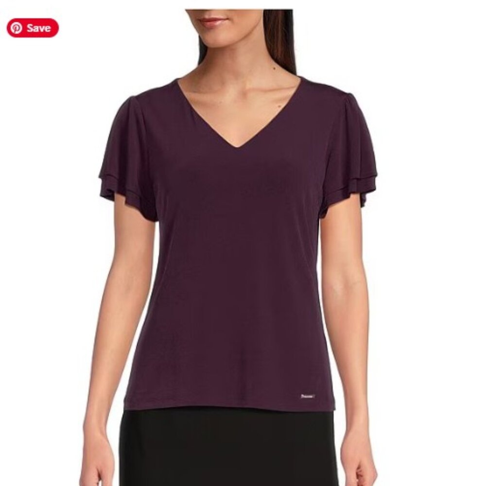 Calvin Klein V-neck Flutter Sleeve Blouse - Burgundy/Aubergine